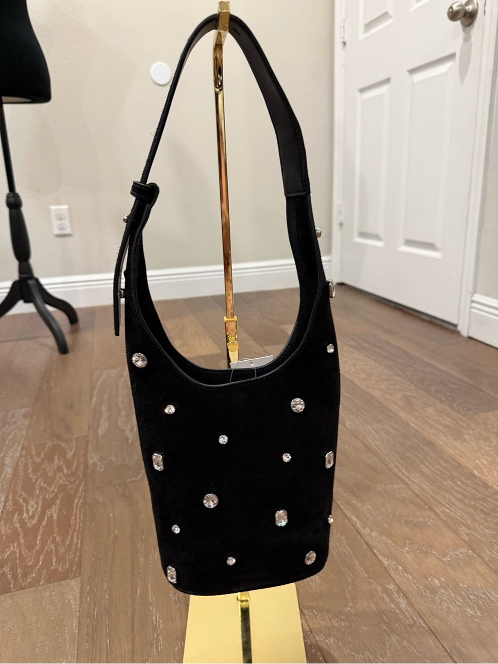 Veronica Beard Black Suede Shoulder Bag with Crystal Embellishments